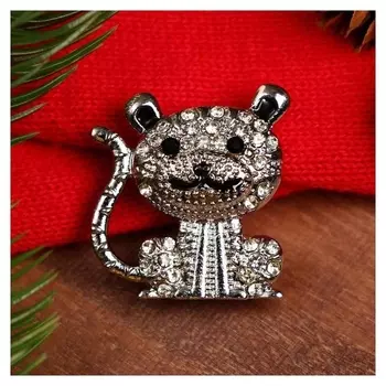 Брошь новогодняя "Тигр" улыбающийся, цвет чёрно-белый в серебре