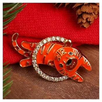 Брошь новогодняя "Тигр" в кольце, цвет чёрно-оранжевый в золоте