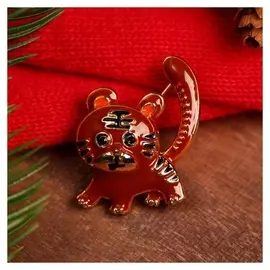 Брошь новогодняя "Тигр" восточный, цвет чёрно-коричневый в золоте