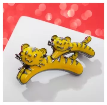 Брошь новогодняя "Тигры", цвет оранжево-чёрный в сером металле