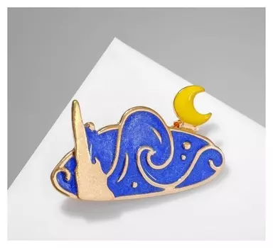 Брошь "Облачко" с полумесяцем, цвет сине-жёлтый в золоте