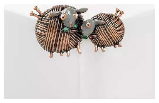 Брошь "Овечки" пара, цвет серый в меди