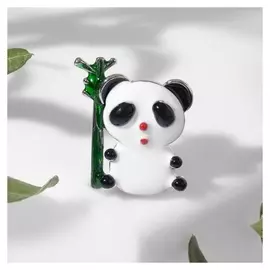Брошь "Панда" малыш с бамбуком, цветная в серебре