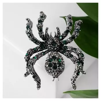 Брошь "Паук" цветочки, цвет серо-зелёный в серебре