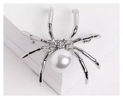 Брошь "Паук" жемчужинка, цвет белый в серебре