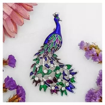 Брошь "Павлин роскошный" цветная в серебре