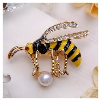Брошь "Пчелка" с бусиной, цветная в золоте