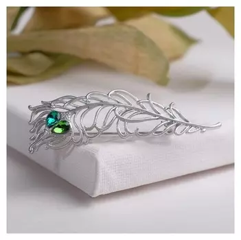 Брошь "Перо", цвет зелёный в матовом серебре