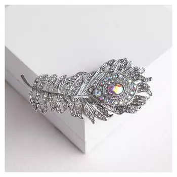 Брошь "Перо павлинье", цвет радужный в серебре