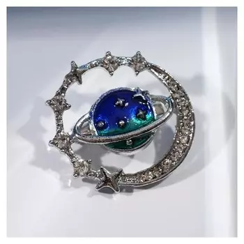 Брошь "Планета" со звёздами, цветная в серебре