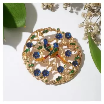 Брошь "Птенчики в цветах", разноцветная в золоте