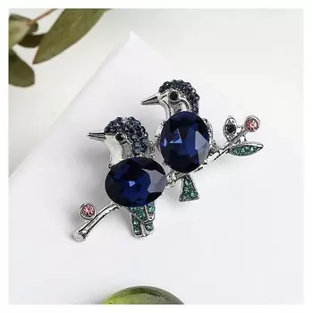 Брошь "Птенцы", цвет синий в серебре