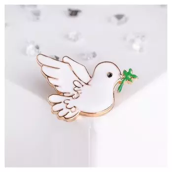 Брошь "Птица" голубка, цвет бело-зелёный в золоте