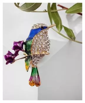 Брошь "Птичка" малышка на ветке, цветная в золоте