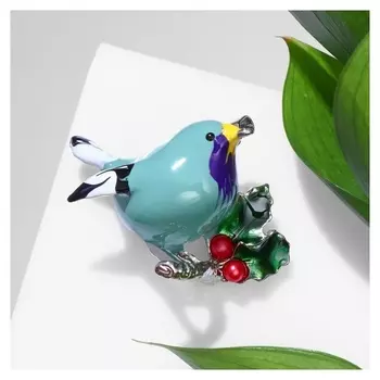 Брошь "Птичка" с ягодками, цветная в серебре