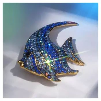 Брошь "Рыбка" морская, цвет синий в чернёном золоте