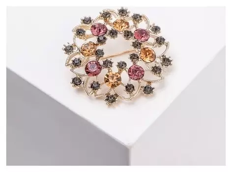 Брошь "Салют", цветная в светло-кофейном золоте