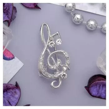 Брошь "Скрипичный ключ" и нотки, цвет белый в серебре