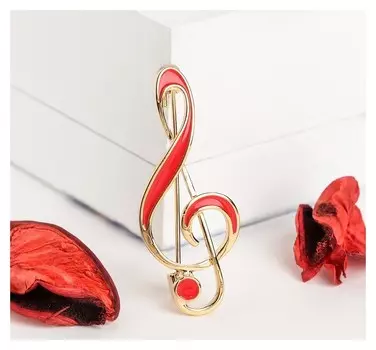 Брошь "Скрипичный ключ" классика, цвет красный в золоте