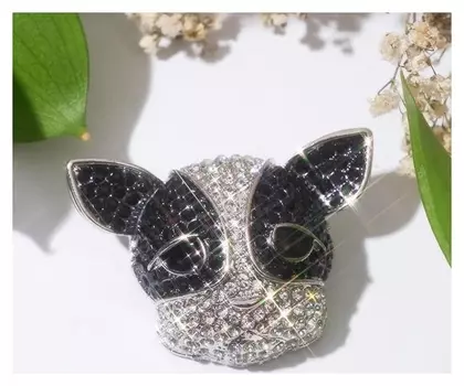 Брошь "Собака" мордочка, цвет чёрно-белый в серебре