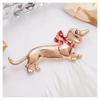 Брошь "Собака" такса с бантом, цвет красный в золоте