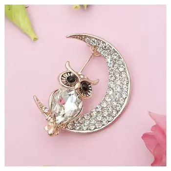 Брошь "Сова на месяце", цвет белый в золоте