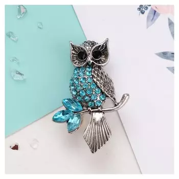 Брошь "Сова на ветке", цвет голубой в чернёном серебре