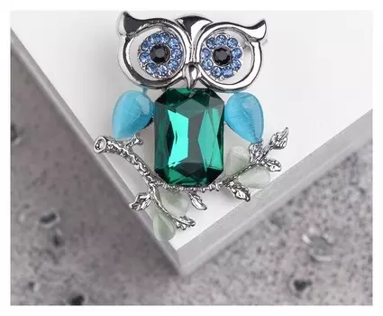 Брошь "Сова ночная", цвет сине-зеленый в серебре