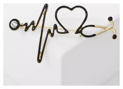 Брошь "Стетоскоп" кардиограмма, цвет чёрный в золоте