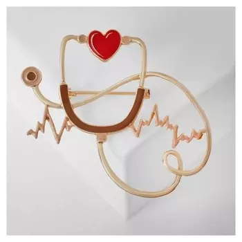 Брошь "Стетоскоп" кардиограмма, цвет красно-коричневый в золоте