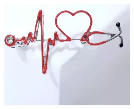 Брошь "Стетоскоп" кардиограмма, цвет красный в серебре