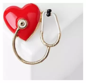 Брошь "Стетоскоп" с сердцем, цветная в золоте