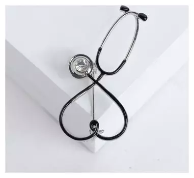 Брошь "Стетоскоп" сердце, цвет чёрный в серебре