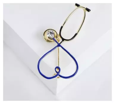 Брошь "Стетоскоп" сердце, цвет синий в золоте