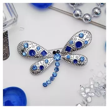 Брошь "Стрекоза" геометрия, цвет синий в серебре
