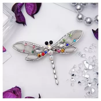 Брошь "Стрекоза" утренняя, цветная в серебре