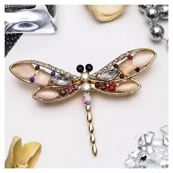 Брошь "Стрекоза" утренняя, цветная в золоте