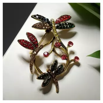 Брошь "Стрекозы" трио, цветная в чернёном золоте