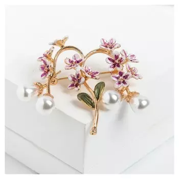 Брошь Ветвь цветущей яблони, цвет бело-сиреневый в золоте