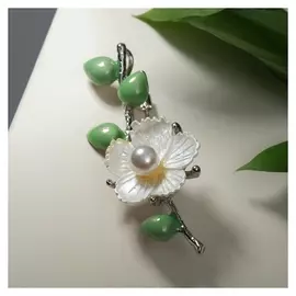 Брошь "Ветвь" расцветающая, цвет бело-зелёный в серебре
