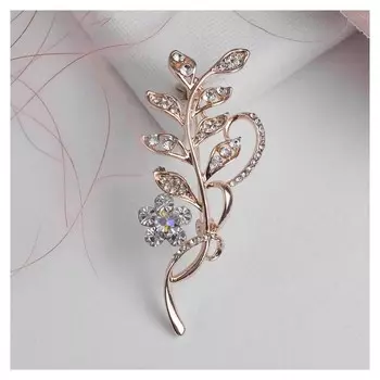 Брошь "Ветвь" с цветком, цвет белый в золоте