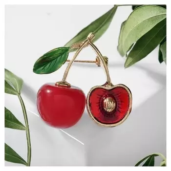 Брошь "Вишенка" с косточкой, цвет бордово-зелёный в золоте