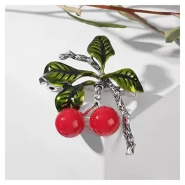 Брошь "Вишня" подвижная, цвет красно-зелёный в чернёном серебре