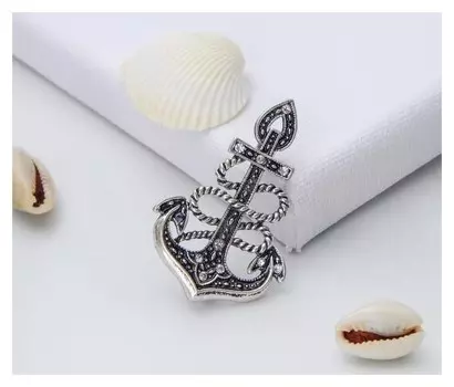 Брошь "Якорь" ретро, цвет белый в черненом серебре