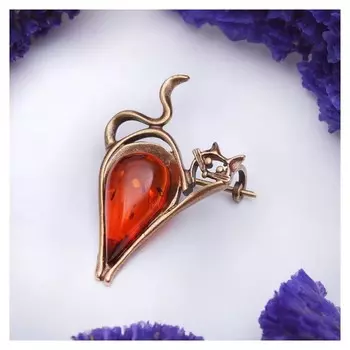 Брошь "Янтарь" кот капля, цвет коньячный в бронзе