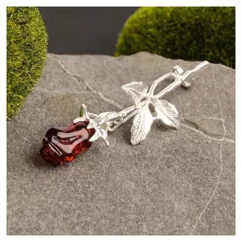 Брошь "Янтарь" роза 3 листа, цвет коричневый в посеребрении