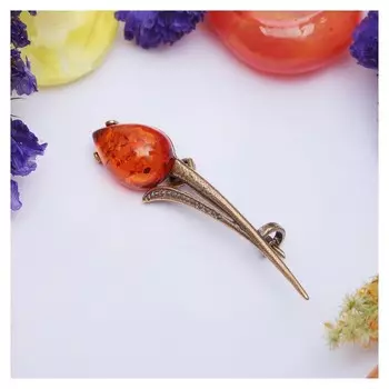 Брошь "Янтарь" тюльпан, цвет коричневый в бронзе