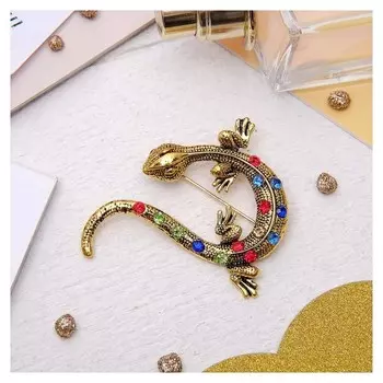 Брошь "Ящерица в стразах" цветная в чернёном золоте