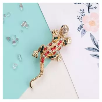 Брошь "Ящерка", цвет красно-зелёный в золоте