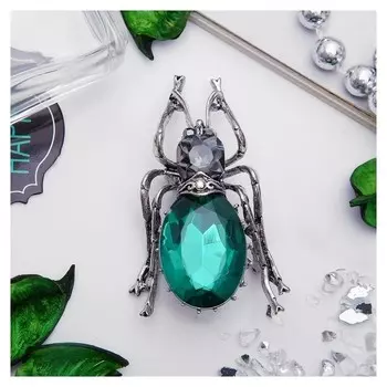 Брошь "Жук", цвет серо-зеленый в черненом серебре